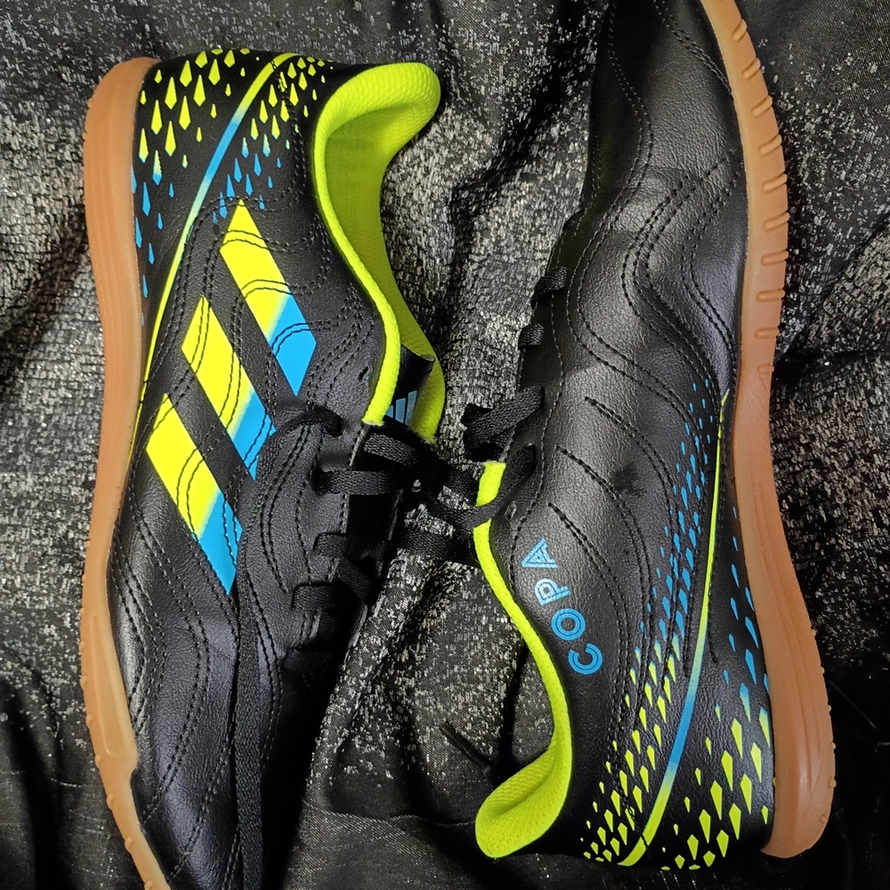 adidas Black Indoor Soccer Shoes with Neon Yellow & Blue Accents